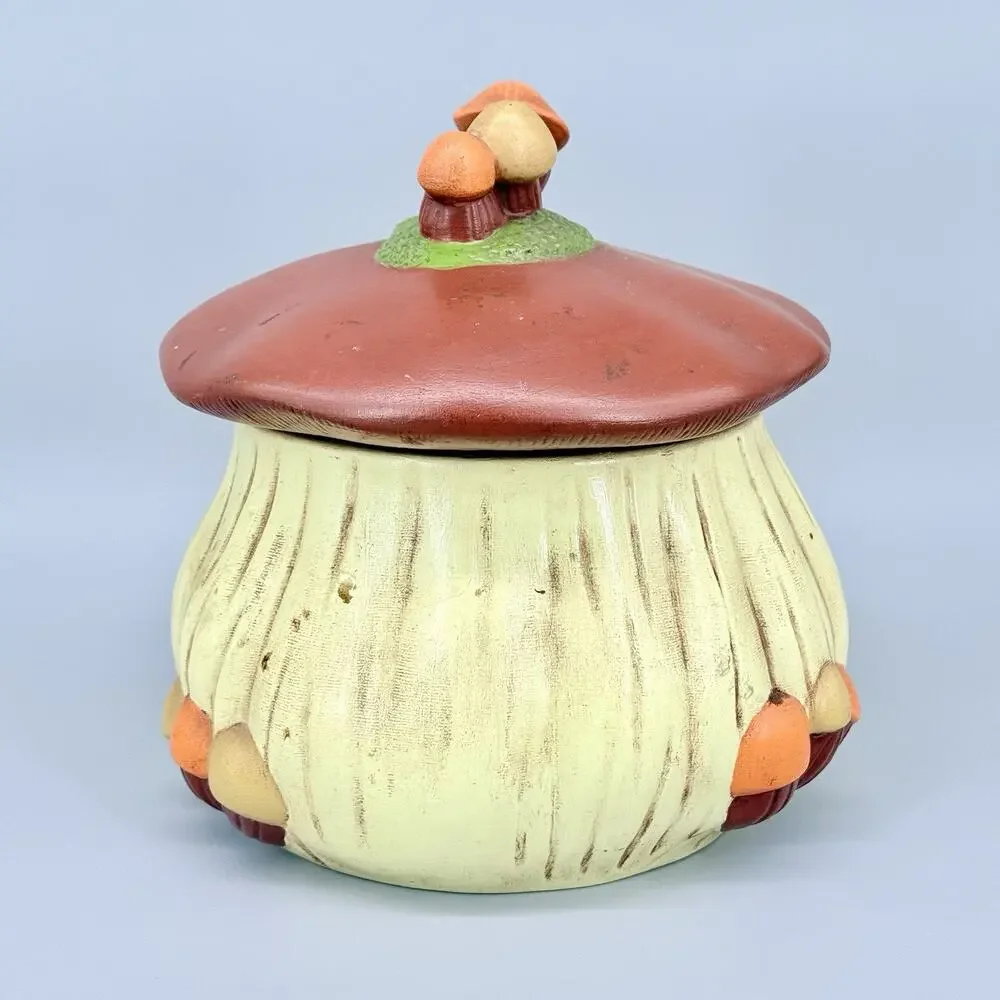 Vintage 1970s Mushroom Ceramic Cookie Jar Canister Yellow Red 8.5